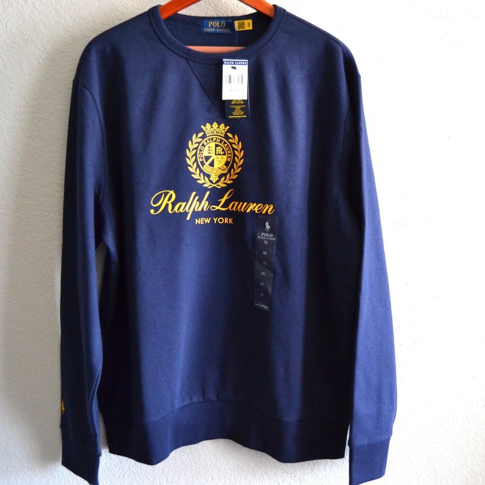 POLO RALPH LAUREN BLUE WITH GOLD CREST LOGO CREWNECK SWEATSHIRT-NEW WT TAG- $99.